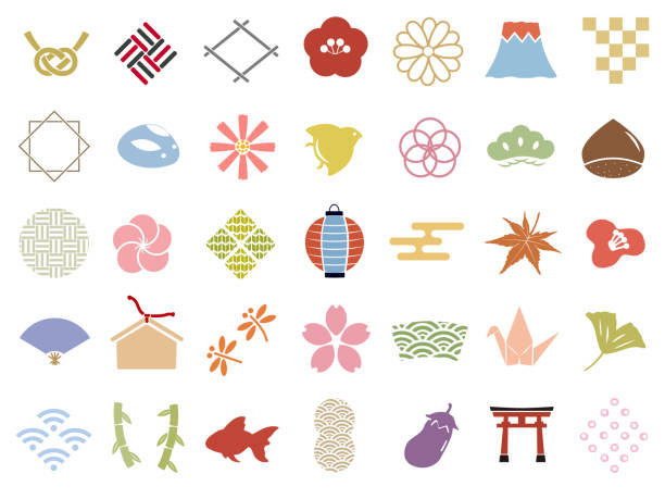 일본 패턴 아이콘 스탬프 세트 - frame bird tree spring stock illustrations