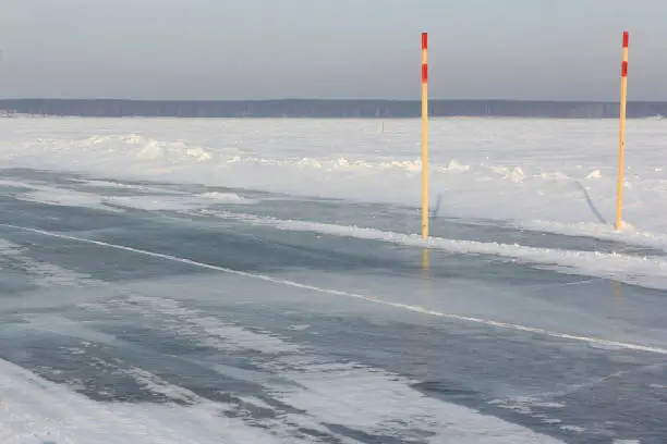 Photo of Ice road,  river crossing on the Ob reservoir, Novosibirsk region, Western Siberia, Russia