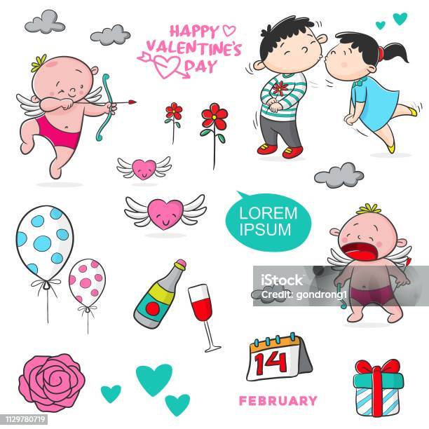 Set Vector Illustration Happy Valentines Day Stock Illustration - Download Image Now - Adult, Art, Art And Craft