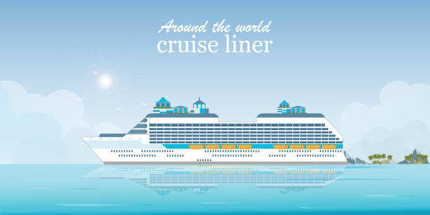 Cruise liner passenger ship. Cruise liner passenger ship, Sea Voyage, Ocean traveling visual vector illustration. cruise ship stock illustrations