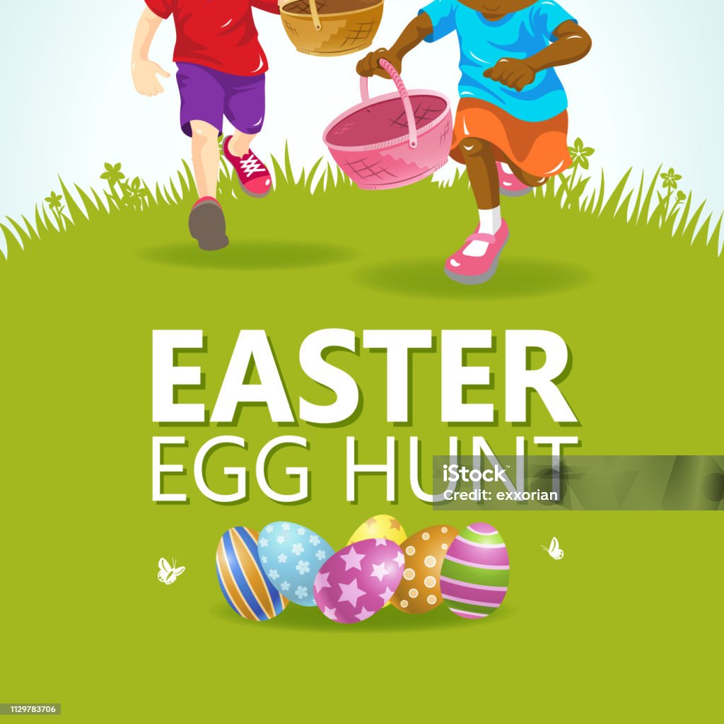 Easter Egg Hunt Party An invitation to the Easter egg hunt party for kids at the grassland Easter Egg Hunt stock vector