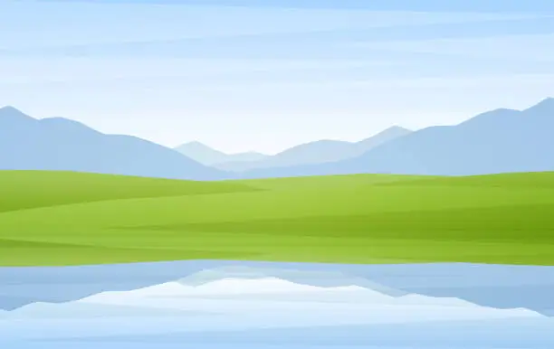 Vector illustration of Vector illustration: Flat mountains Lake landscape. Cartoon wallpaper