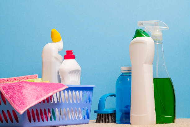 home disinfection cleaning products background - liquid soap blue plastic textile imagens e fotografias de stock