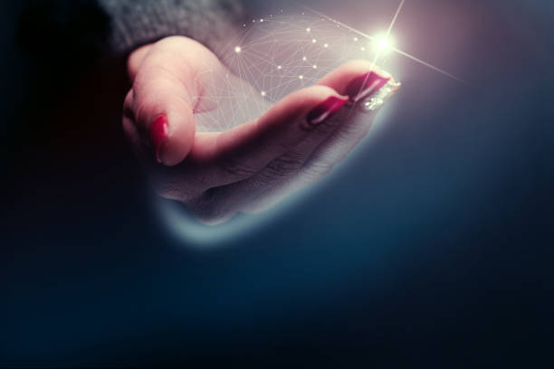 istock Woman holding in palm Social connection technologies. Mixed media. 1129786903