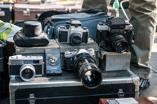 Tbilisi, Georgia - October 15, 2016: Flea market on Dry bridge having a lot of vintage and new cameras.