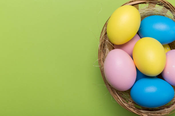 istock Colorfull easter eggs in nest on green pastel color background with space. 1129789096