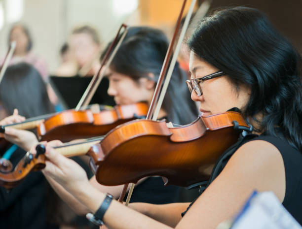 sekcja skrzypcowa wszystkich wieków community orchestra występ w koncercie - practicing music violin women zdjęcia i obrazy z banku zdjęć