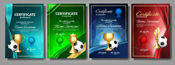 ilustrações, clipart, desenhos animados e ícones de futebol jogo certificado diploma com cálice de ouro conjunto vector. futebol. modelo de prêmio do esporte. projeto de realização. a4. formatura. documento. campeão. prêmio de melhor. troféu de vencedor. ilustração do modelo - trophy soccer sport success