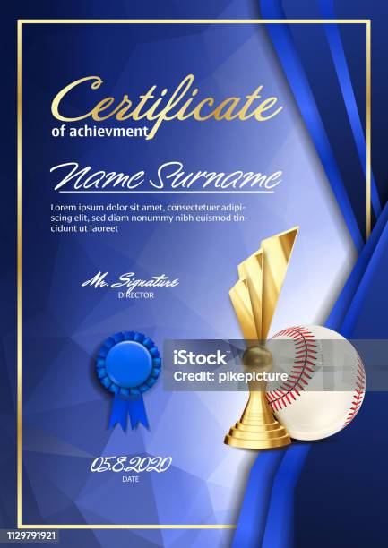 Baseball Certificate Diploma With Golden Cup Vector Sport Award Template Achievement Design Honor Background A4 Vertical Illustration Stock Illustration - Download Image Now