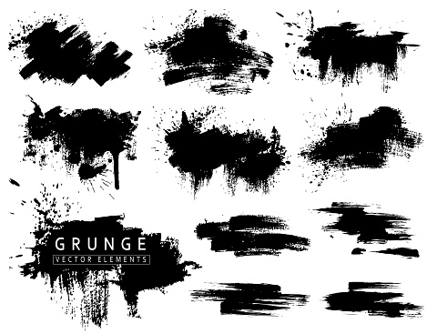 Grunge collection with black brush strokes and splashes. Vector ink blots, brushs. Isolated drawn design elements on white background