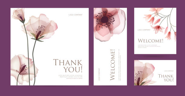 A set of postcard with the words of gratitude. Design template of business cards with abstract spring flowers for the hotel, beauty salon, spa, restaurant, club. Vector illustration floral menu card stock illustrations