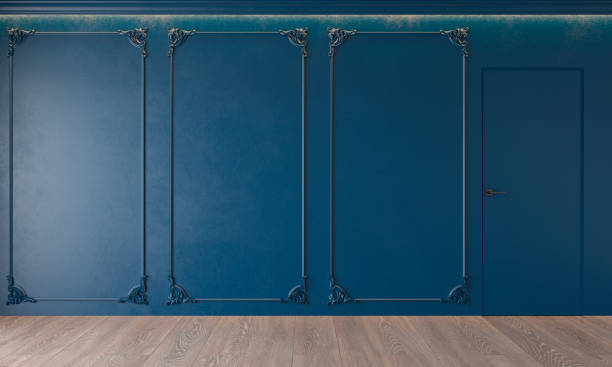 istock Modern classic royal blue interior with stucco, door, wooden floor, ceiling backlit, molding. Empty room, blank wall. 3d render illustration mock up. 1129794778