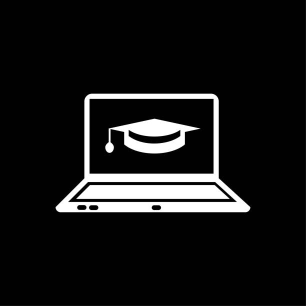 ilustrações de stock, clip art, desenhos animados e ícones de laptop with gradiation cap icon - vector white - gradiation