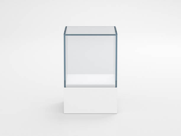 weißes glas vitrine kasten mockup, vorderansicht isoliert auf grau quadratisch - acrylic painting stock-fotos und bilder