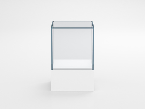 Plaza cristal blanco maqueta de caja vitrina, vista frontal aislado en gris photo