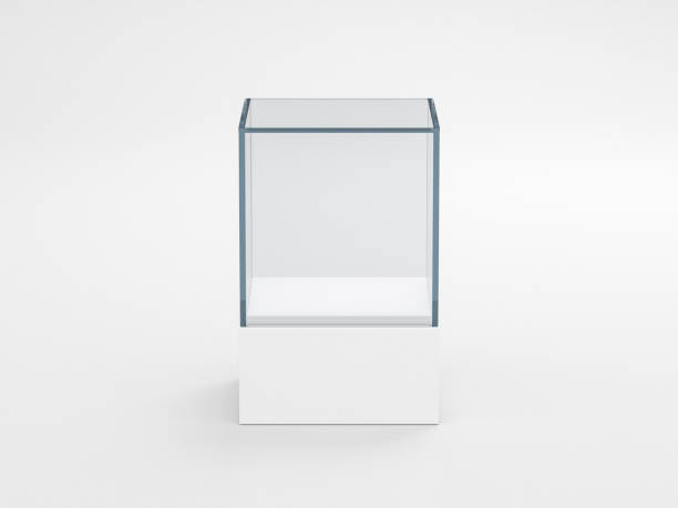 mockup scatola vetrina in vetro bianco quadrato, vista frontale isolata su grigio - acrylic painting foto e immagini stock