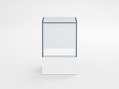 Square white glass showcase box mockup, front view isolated on gray
