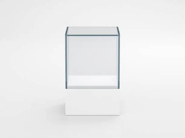 Square white glass showcase box mockup, front view isolated on gray, 3d rendering