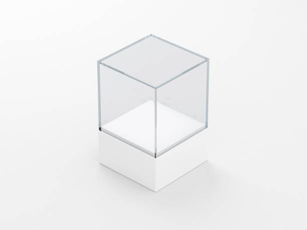 istock Square glass showcase box mockup with podium , front view isolated on gray 1129796948