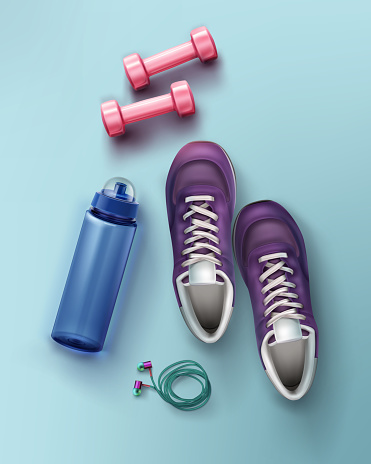 Vector flat lay illustration of sneakers, dumbbells, water bottle and headphones for fitness and equipment concept