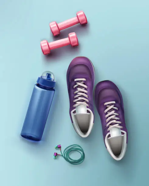 Vector illustration of Vector flat lay illustration of sneakers, dumbbells, water bottle and headphones for fitness and equipment concept