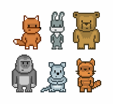 Vector pixel art collection of cute 8 bit animals.
