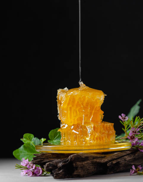 istock Honeycombs and wildflowers on a black background. Vertical photo with negative space. 1129802208