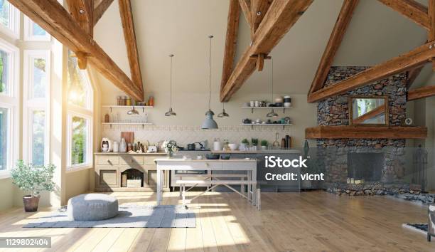 Modern Luxury House Interior Stock Photo - Download Image Now - Chalet, Indoors, Kitchen