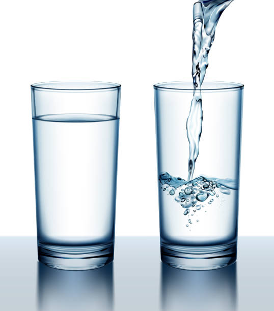 ilustrações de stock, clip art, desenhos animados e ícones de vector illustration of two glasses of full and pouring fresh water on background - pouring