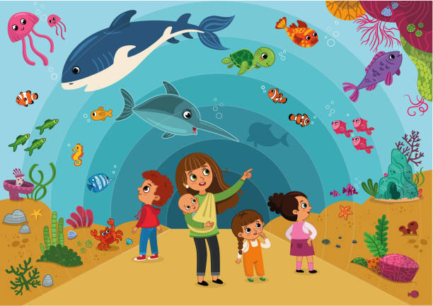 ilustraciones, imágenes clip art, dibujos animados e iconos de stock de ilustración de una familia visitando un acuario - fish tank