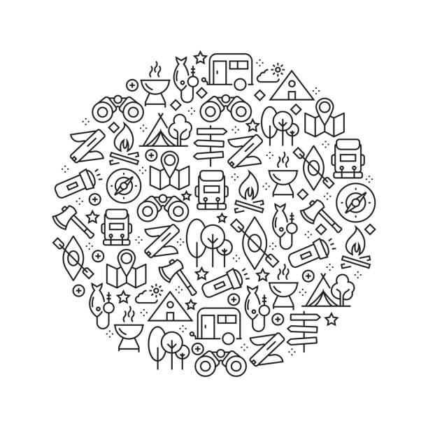 Camping Concept - Black and White Line Icons, Arranged in Circle Camping Concept - Black and White Line Icons, Arranged in Circle camping patterns stock illustrations