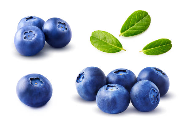 istock Blueberries set with leaves isolated on white background. 1129806773