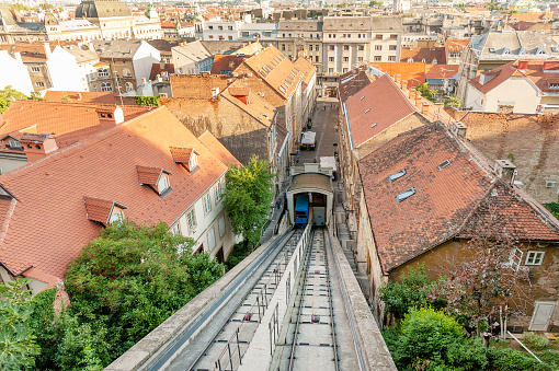 Panoramic view of Zagreb, Tomic street and Zagreb funicular connecting Lower and Upper historic parts of the city, Croatia
