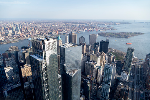 Financial district skyline with brand new skyscrapers in Lower Manhattan, New York City, aerial view.