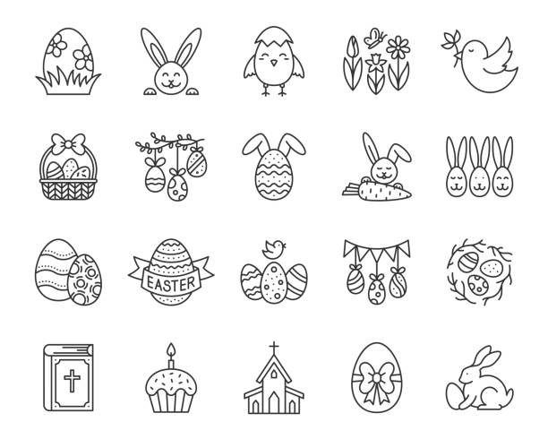Easter egg bunny simple black line icon vector set Easter thin line icons set. Outline sign kit of egg. Bunny rabbit linear icon collection includes bird nest, church, chick. Simple spring flower contour symbol isolated on white vector Illustration easter silhouettes stock illustrations