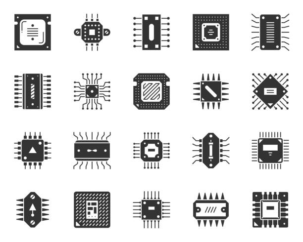 ilustrações de stock, clip art, desenhos animados e ícones de microchip black silhouette icons cpu vector set - quantum computing