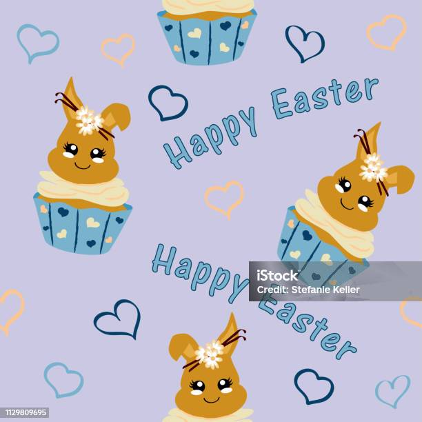 Cute Pattern With Easter Bunny In Cupcake Stock Illustration - Download Image Now - Animal, Animal Markings, Backgrounds