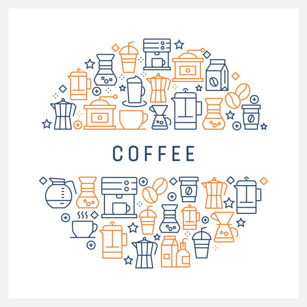 koncepcja związana z kawą - kolorowe ikony linii, ułożone w kółko - coffee bag sack backgrounds stock illustrations