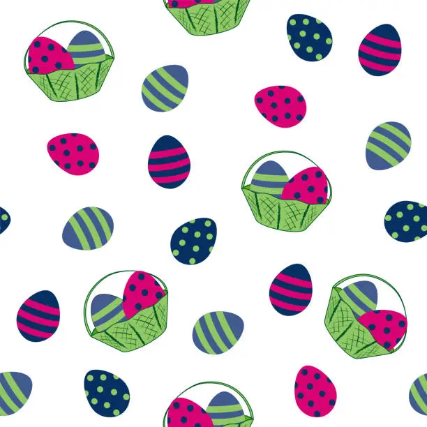 Vector illustration of seamless easter design with easter eggs and fruit basket.