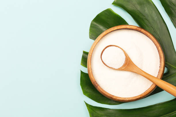 Spoon of powder collagen Collagen powder in bowl and measure spoon on palm leaf background. Extra protein intake. Natural beauty and health supplement. Minimal concept. Plant based collagen concept. Flatlay, top view. Copy space. collagen photos stock pictures, royalty-free photos & images