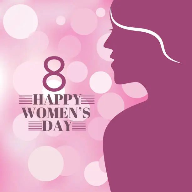 Vector illustration of Happy Women Day holiday illustration. Paper cut girl head silhouette cutout with hand drawn spring and flower doodles. Horizontal format design ideal for web banner or greeting card.