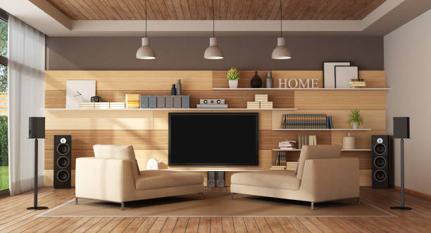 Modern living room with home cinema system - 3d rendering