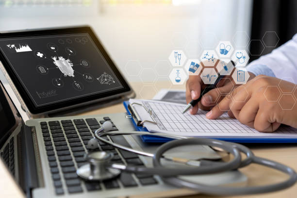 istock Health care writing prescription Doctor working modern virtual screen interface network 1129813945