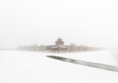 Beijing Forbidden City corner tower in snow