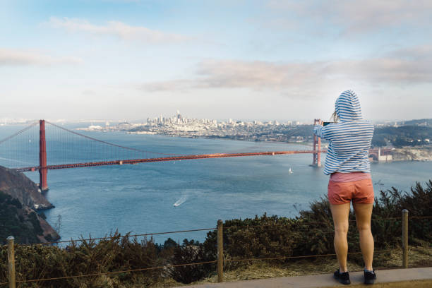 istock Woman taking a photo og Golden Gate Bridge 1129815968
