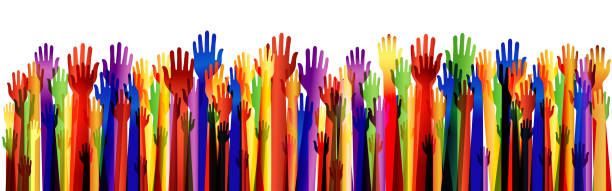 ramiona do góry. wiele kolorowych rąk do góry. duża grupa szczęśliwych rąk. wielokrotna ekspozycja - meeting business cheerful hope stock illustrations