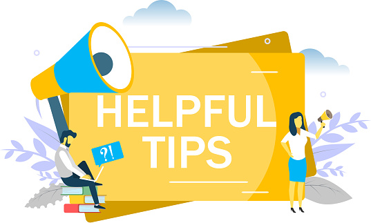 Helpful tips, business woman speaking through megaphone, man asking questions via laptop. Vector flat illustration for web banner, website page etc. Frequently asked questions FAQ concept