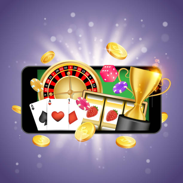 illustrazioni stock, clip art, cartoni animati e icone di tendenza di modello di design banner banner vettoriale del casinò mobile - cards poker gambling chip dice