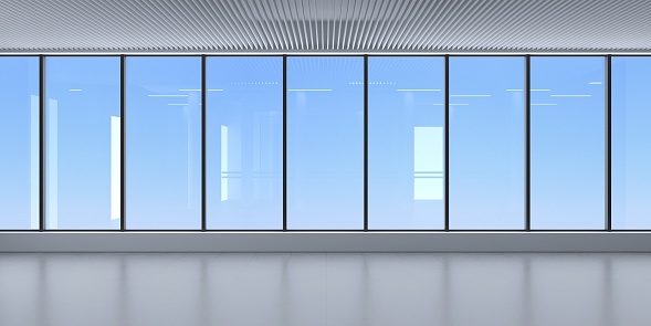 3D illustration. Glass facade of the skyscraper interior. A modern room with panoramic window and sky view. Interior concept. Architectural background.
