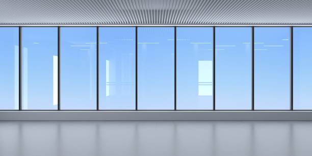Glass facade of the skyscraper interior 3D illustration. Glass facade of the skyscraper interior. A modern room with panoramic window and sky view. Interior concept. Architectural background. window stock pictures, royalty-free photos & images